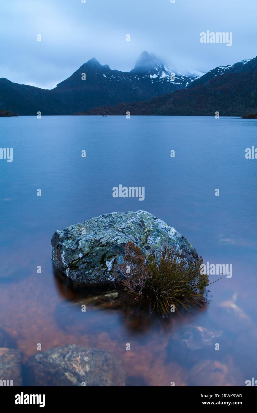 Famous Dove Lake at dusk in Cradle Mountain, Tasmania, Australia Stock