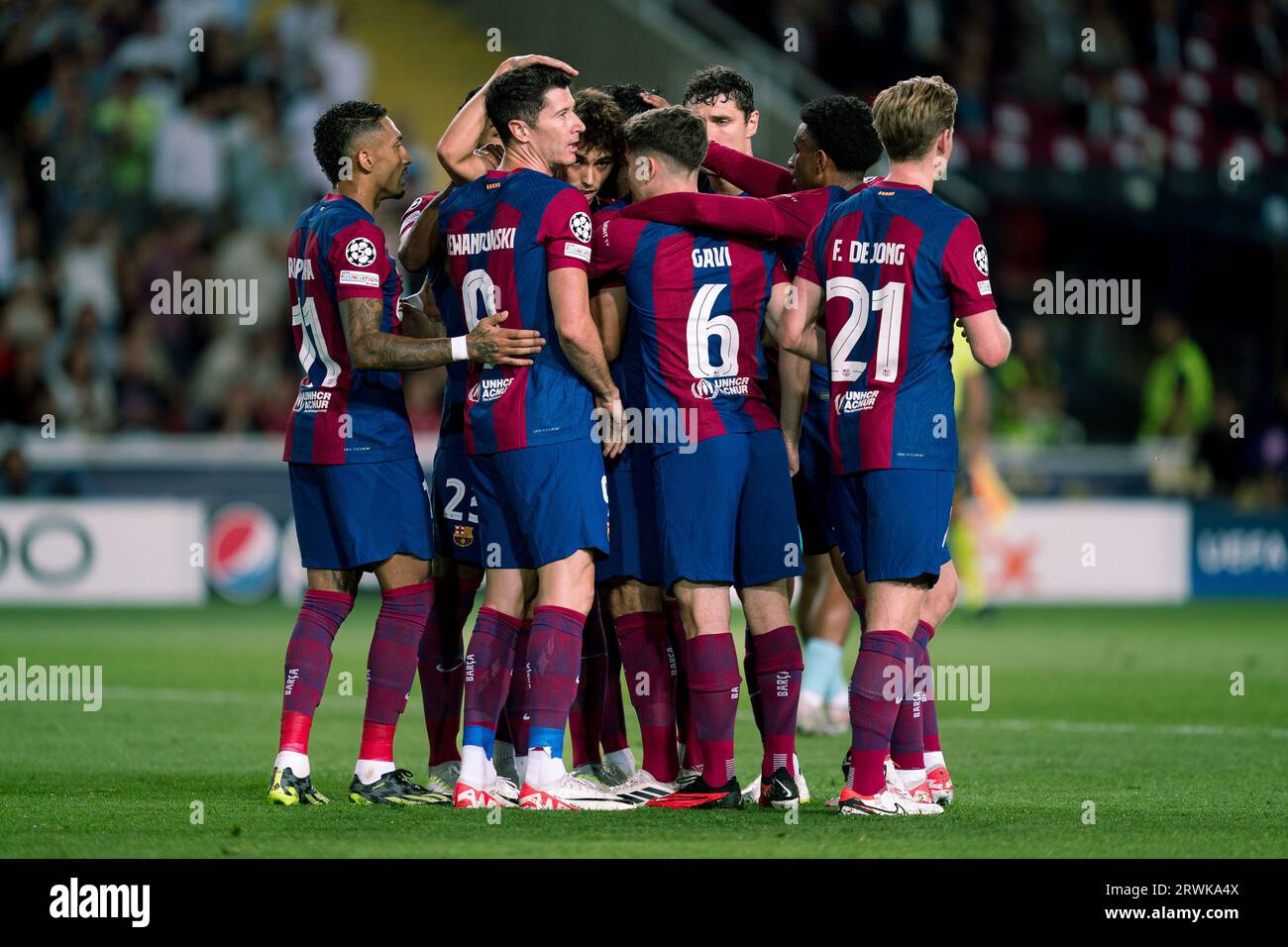 (230920) -- MILAN, Sept. 20, 2023 (Xinhua) -- FC Barcelona's players celebrate a goal during the UEFA Champions League Group H football match between FC Barcelona and Royal Antwerp FC in Barcelona, Spain, Sept. 19, 2023. (Joan Gosa/Xinhua) Stock Photo