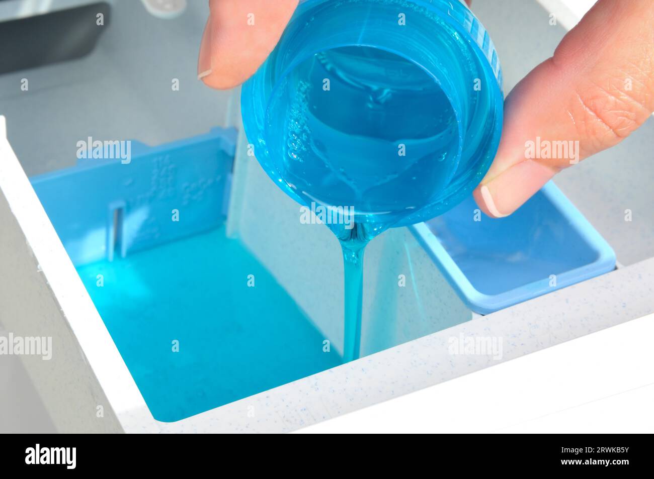 Pour liquid detergent into a washing machine Stock Photo Alamy