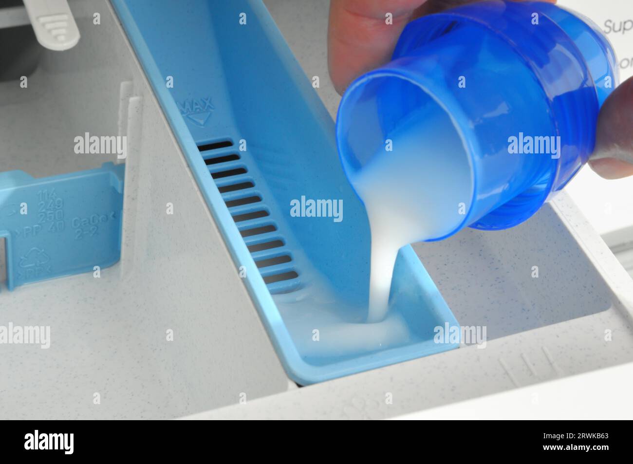 Pouring fabric softener into a washing machine Stock Photo Alamy