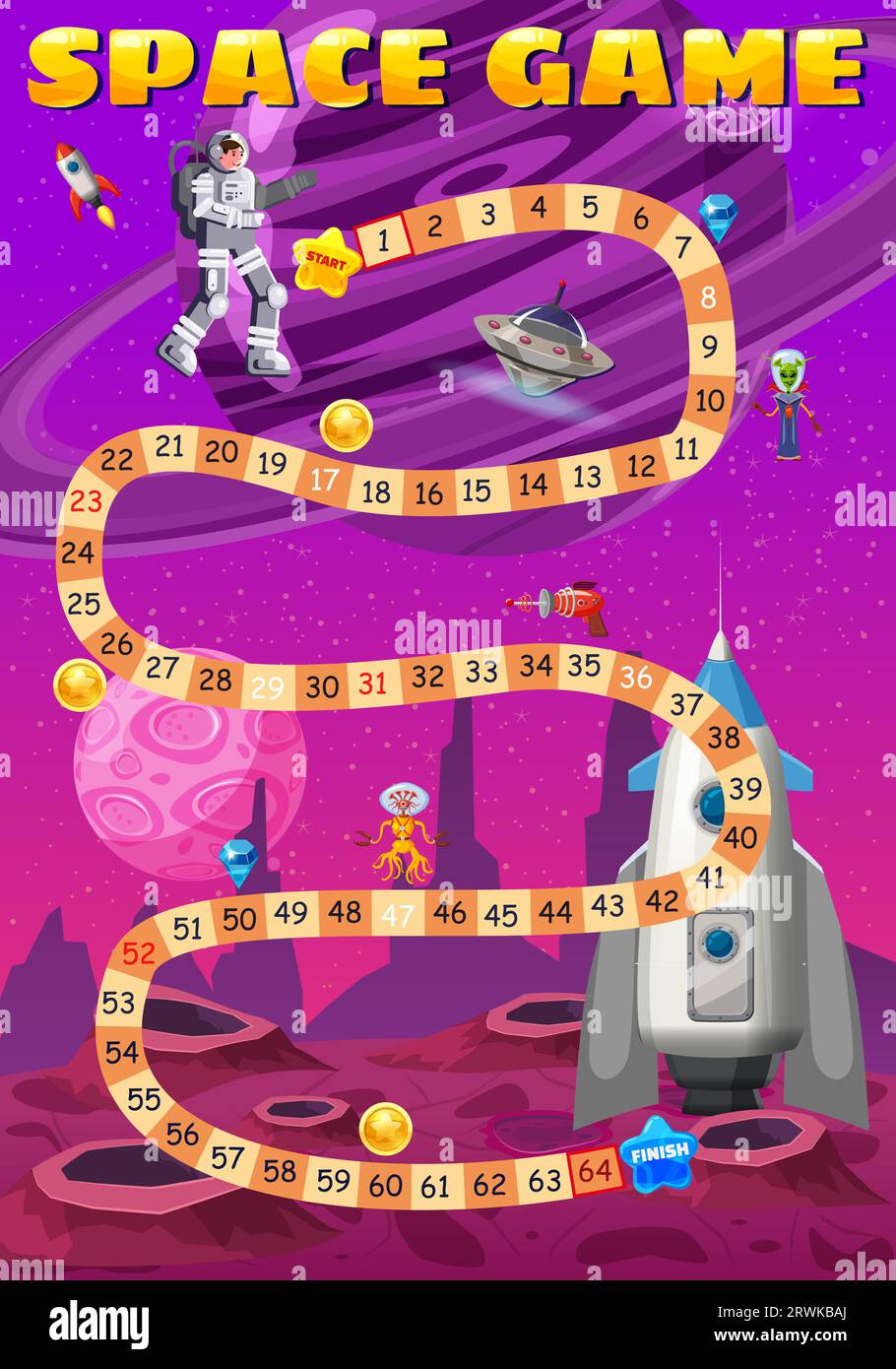Space Boardgame astronaut, spaceship, rocket, UFO, step boardgame path