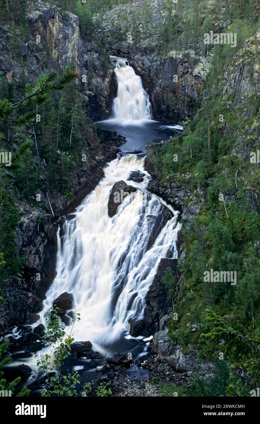 Muddus waterfall has a height of 42m, Muddus waterfall 42m high, Muddusfallet, Norrbottens Laen Stock Photo