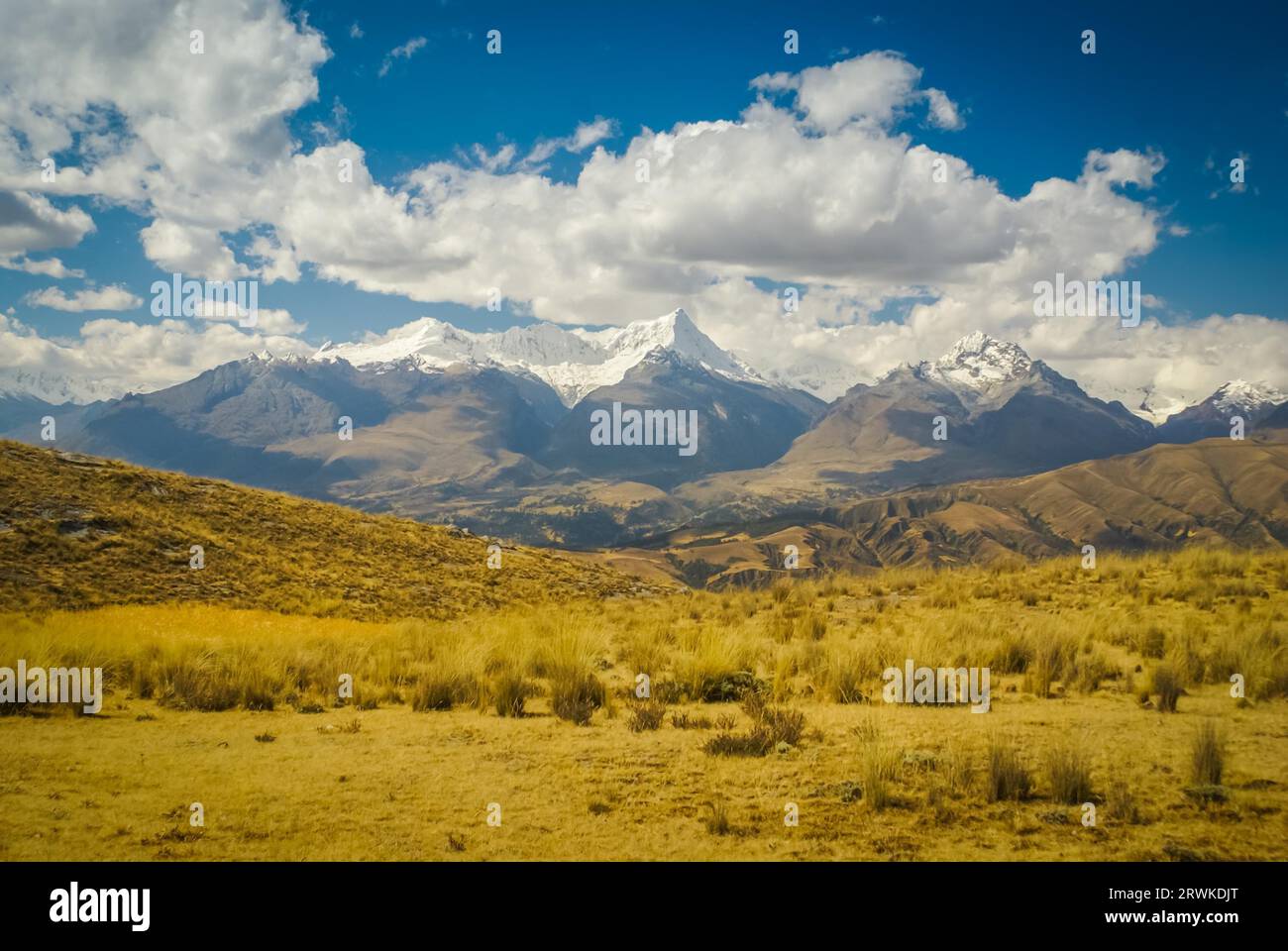 Photo of nature with large mountain range Cordillera Negra in Peru ...