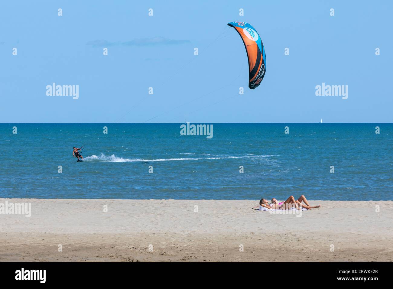 A kite surfer on the Mediterranean sea at La Franqui in the South of France Stock Photo