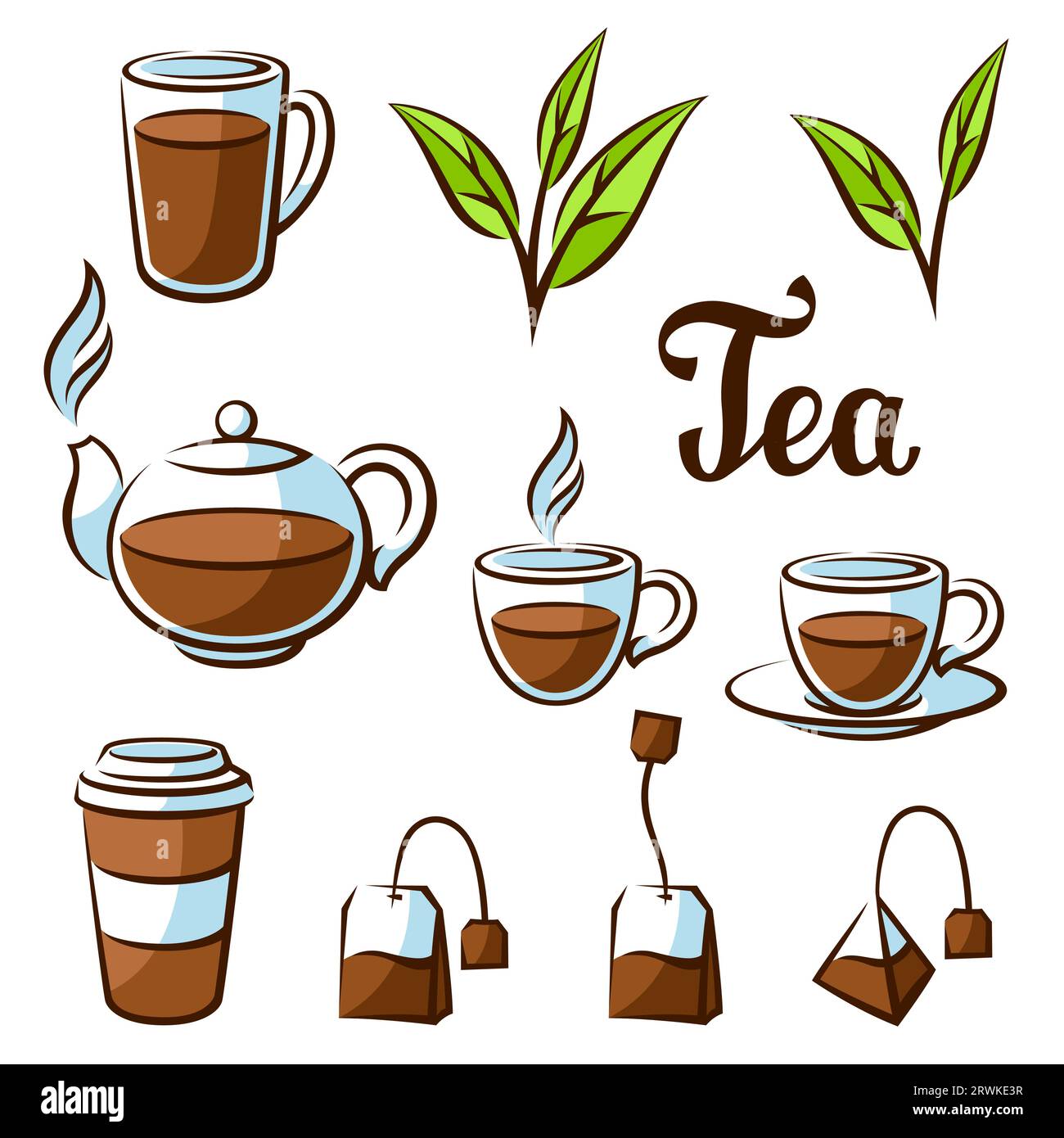Black tea items set. Illustration with tea and accessories, packs and