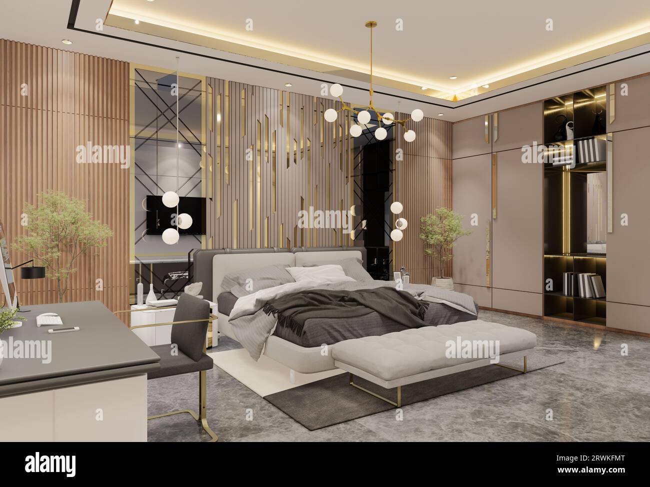 Modern Luxury Bedroom design. 3D Illustration Render Stock Photo - Alamy