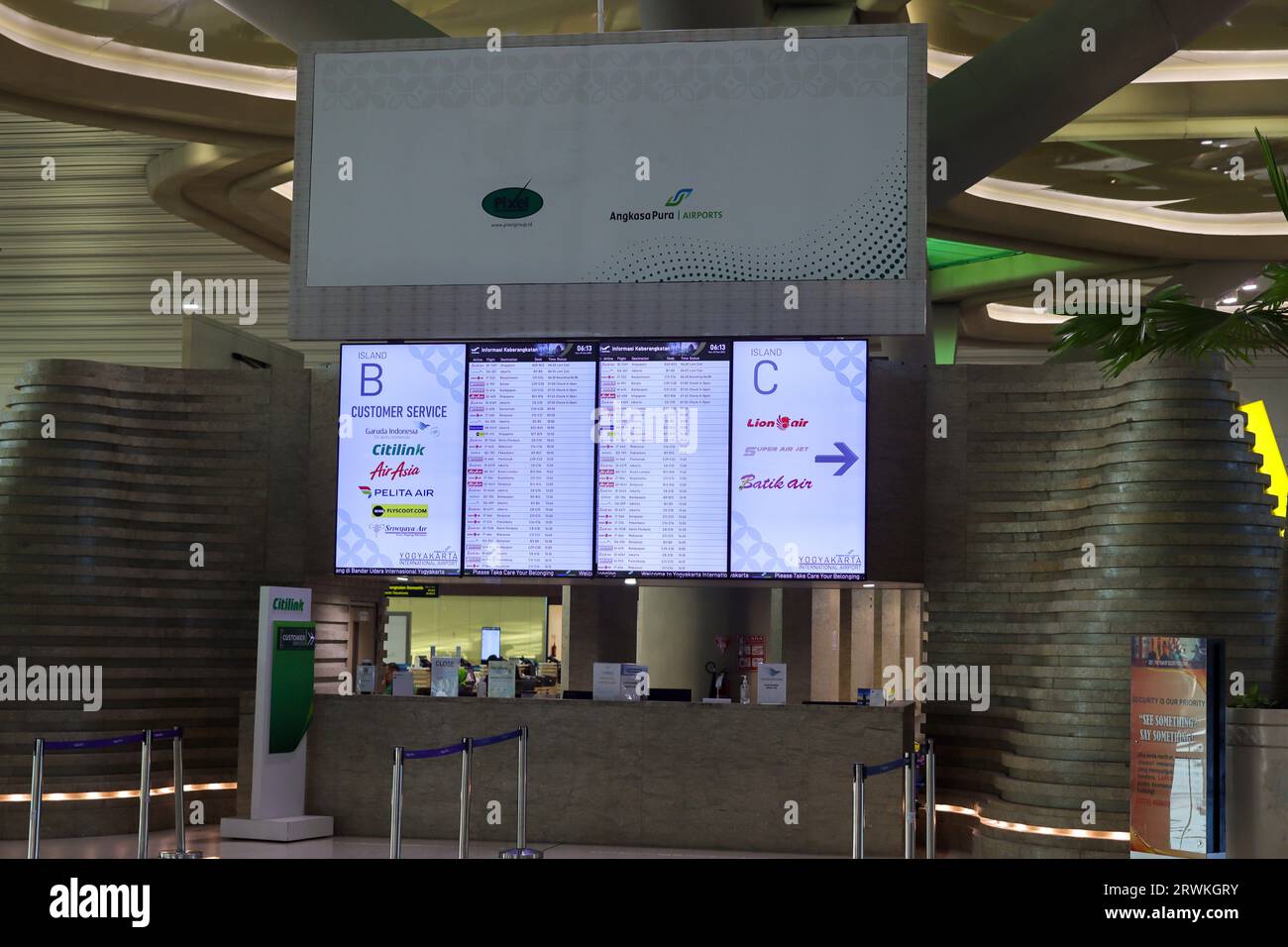 Flight information display system showing airline schedule. Yogyakarta