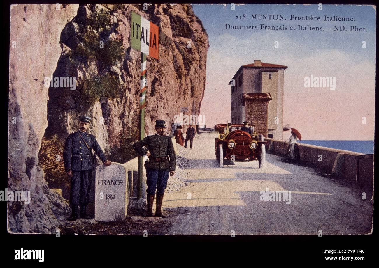 Menton: French and Italian customs officers at the Italian border - postcard, early 20th century Stock Photo