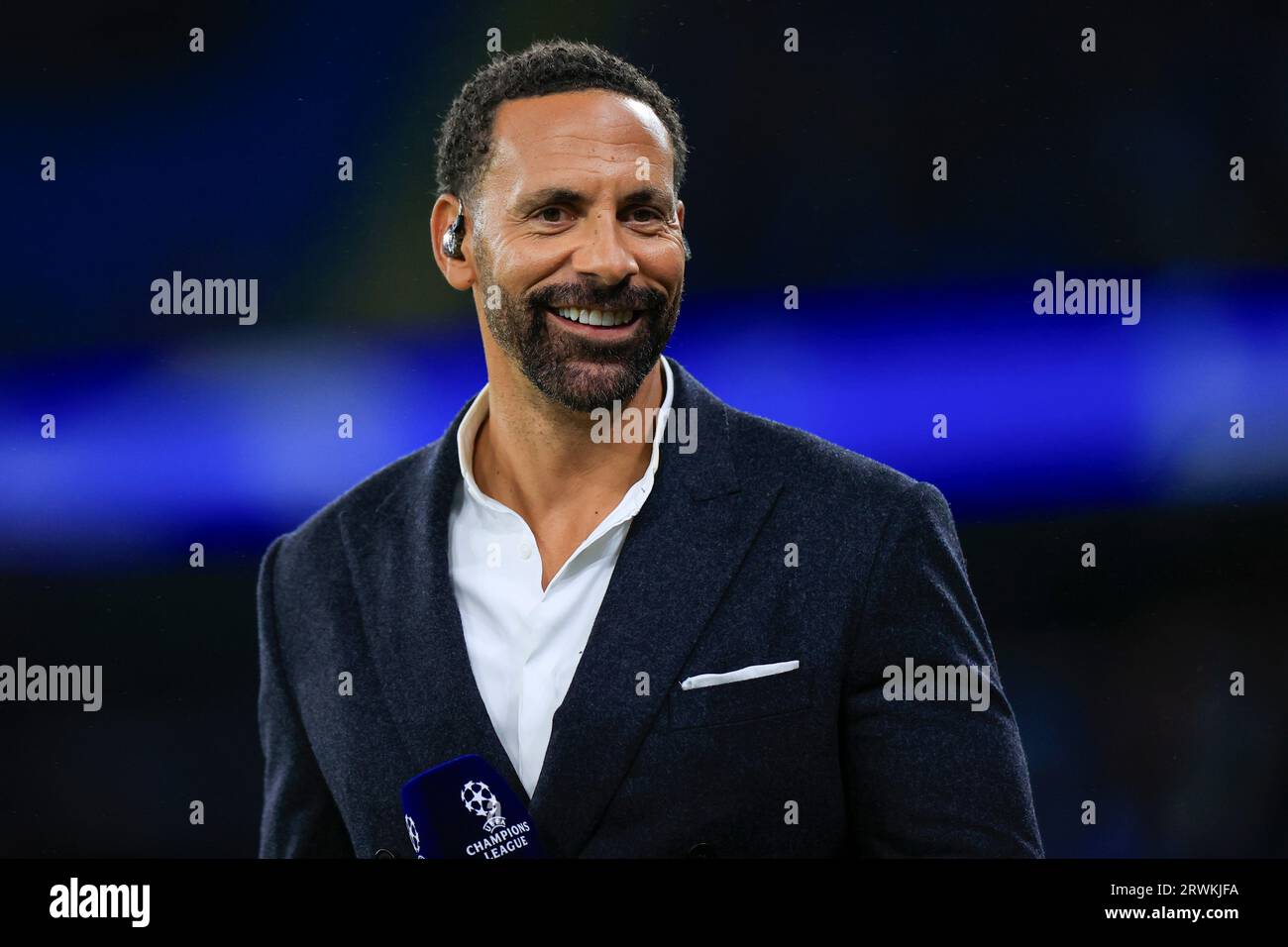 TV pundit Rio Ferdinand at the UEFA Champions League match Manchester City vs Red Star Belgrade at Etihad Stadium, Manchester, United Kingdom, 19th September 2023  (Photo by Conor Molloy/News Images) Stock Photo