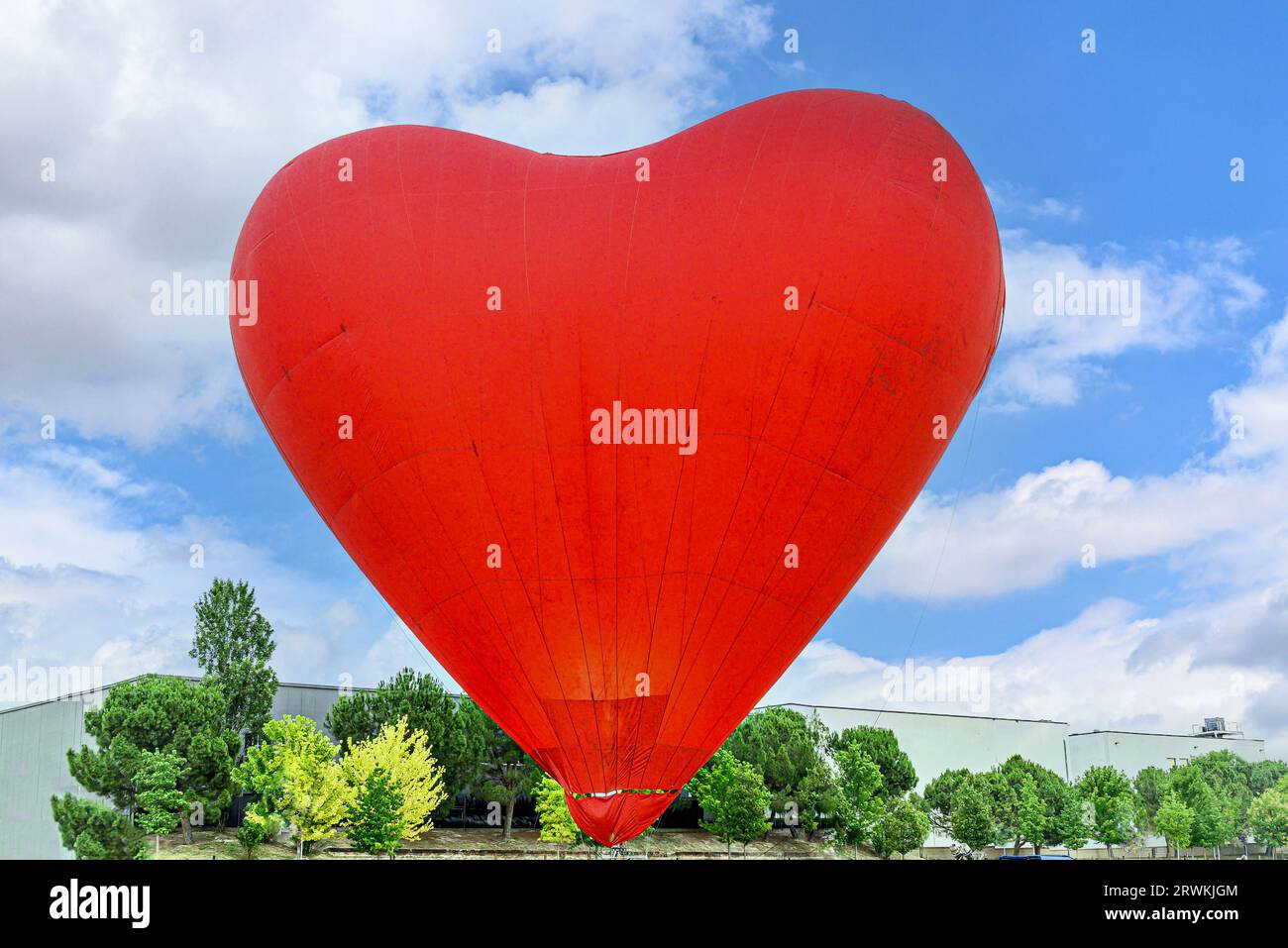 Colorful hot air balloon flying over blue sky with white clouds Stock ...