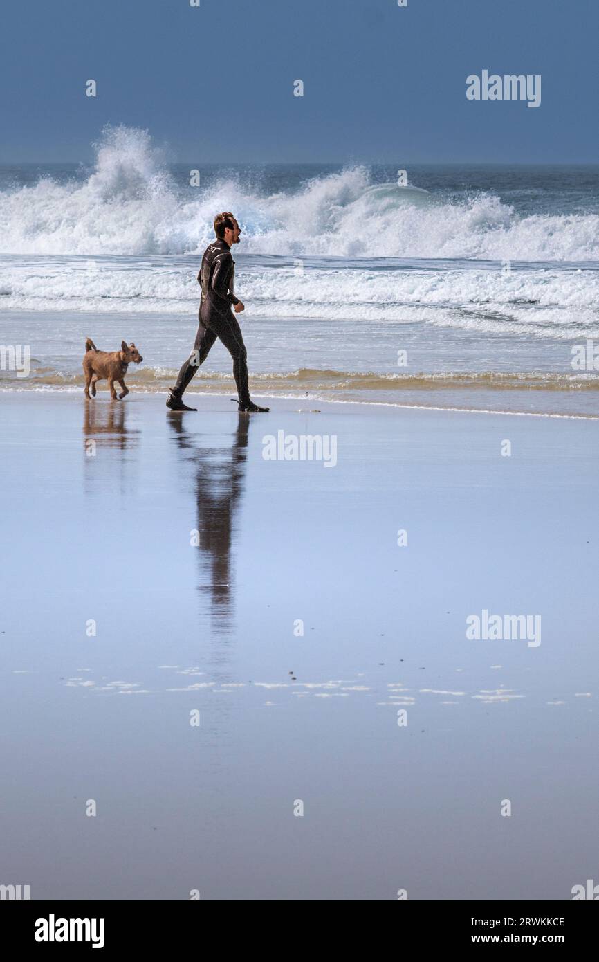 A man in a wetsuit and his dog walking on the shoreline at Mawgan Porth