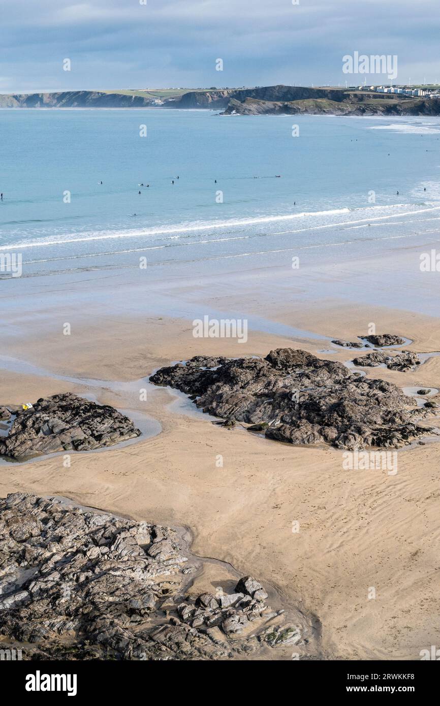 Rocks exposed by low tide on Towan Beach in Newquay in Cornwall in the