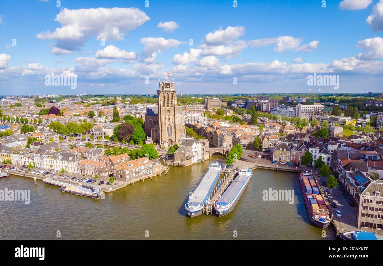 Dordrecht Netherlands, the skyline of the old city of Dordrecht with church and canal buildings in the Netherlands oude Maas river Stock Photo