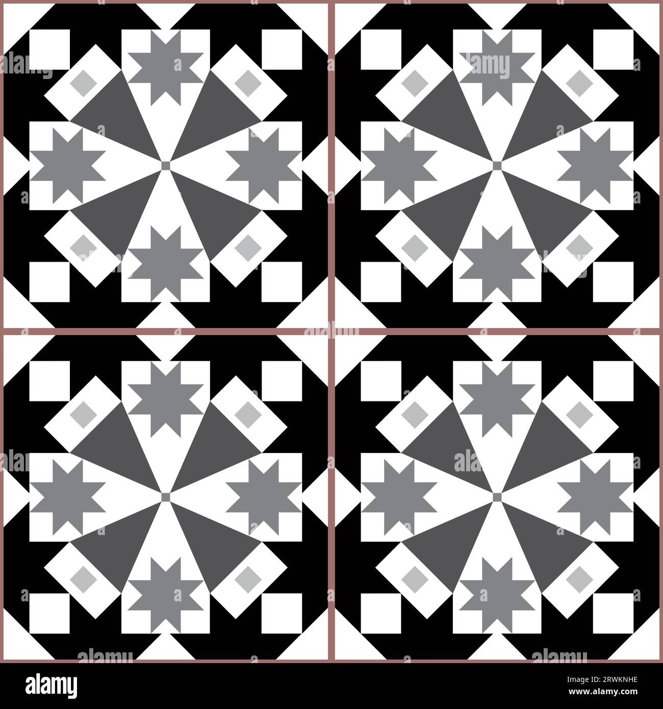Lisbon style Azulejo tile seamless vector black and gray pattern, elegant decorative design inspired by art from Portugal with floral and geometric mo Stock Vector