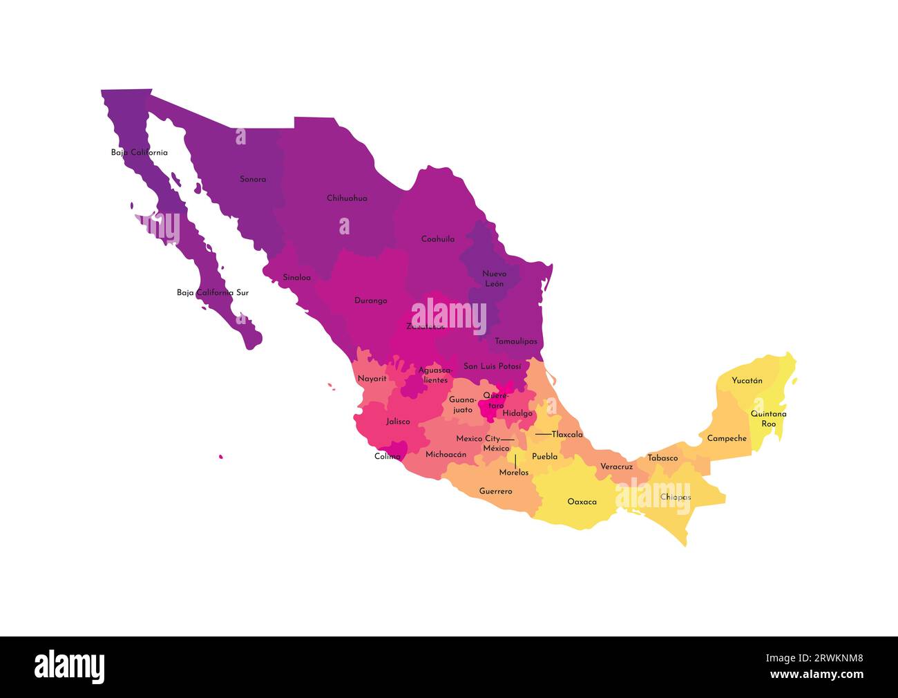 Vector isolated illustration of - Vector Isolated Illustration Of Simplified Administrative Map Of Mexico United Mexican States Borders And Names Of The Regions Multi Colored Silh 2RWKNM8