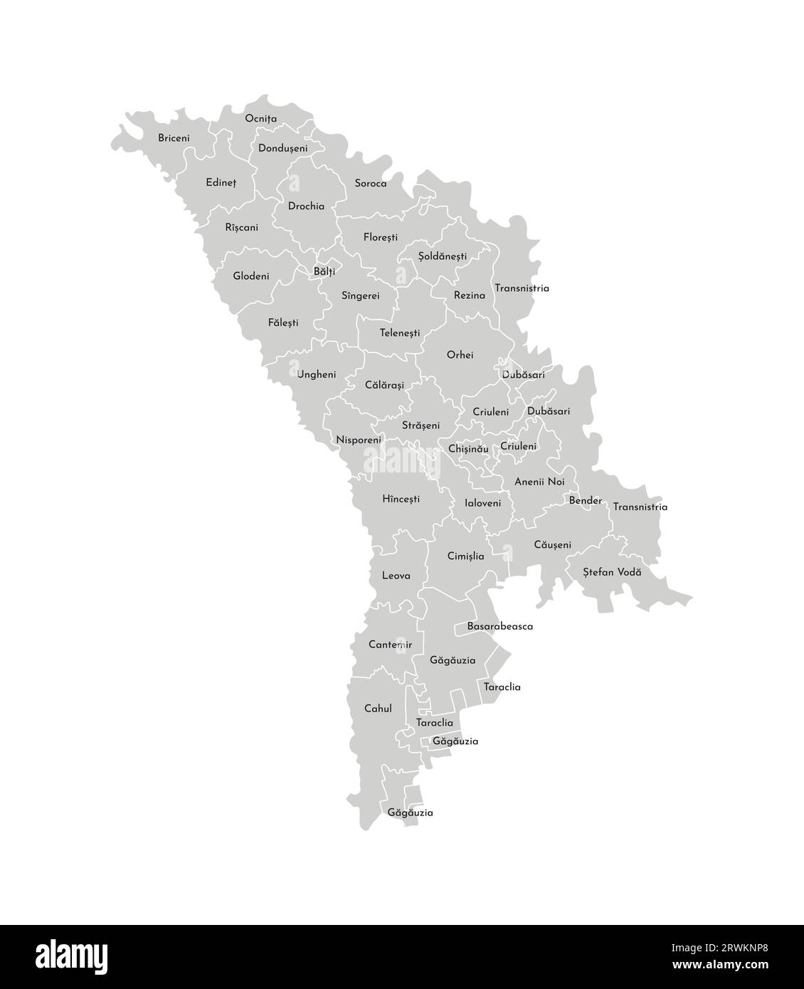 Vector isolated illustration of simplified administrative map of Moldova. Borders and names of the districts (regions). Grey silhouettes. White outlin Stock Vector