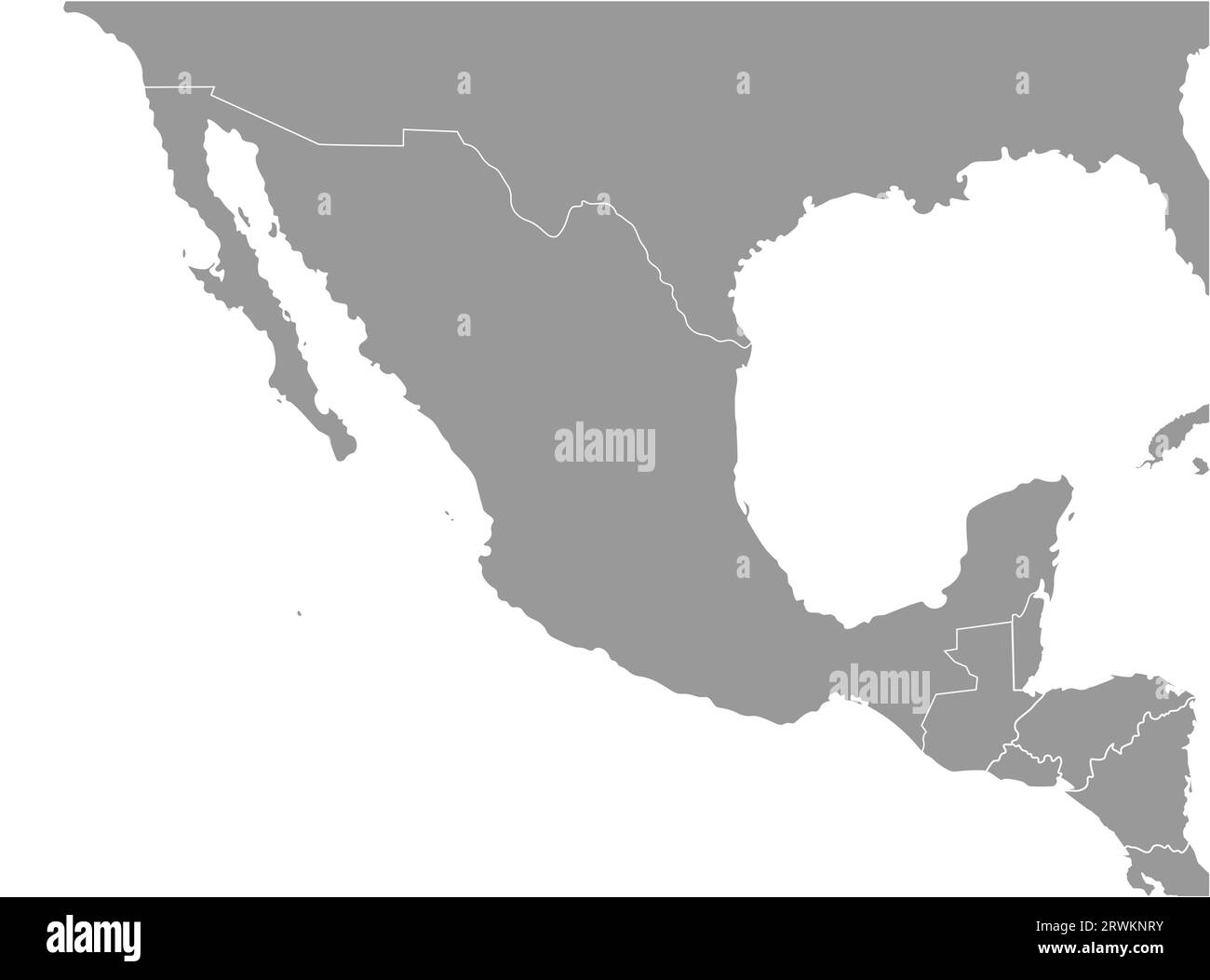 Vector illustration. Simplified geographical  grey map of Mexico and nearest countries (USA, Belize, Guatemala, Honduras, Nicaragua,  El Salvador, Cos Stock Vector