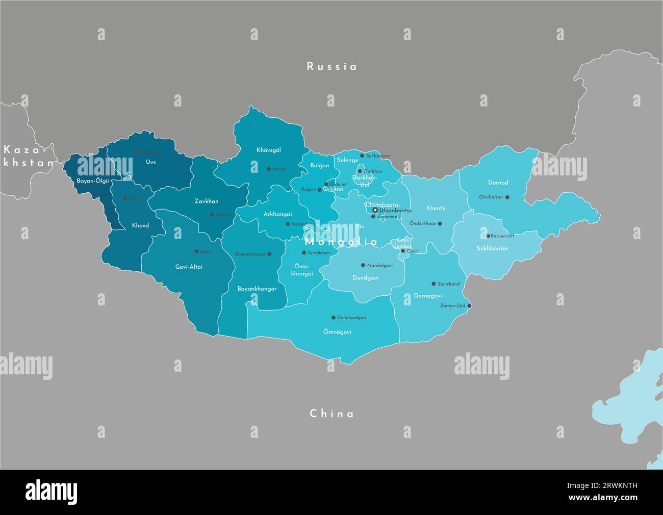 Vector modern illustration. Simplified geographical  map of Mongolia and nearest state (Russia, China, Kazakhstan). Names of Mongolian cities and prov Stock Vector