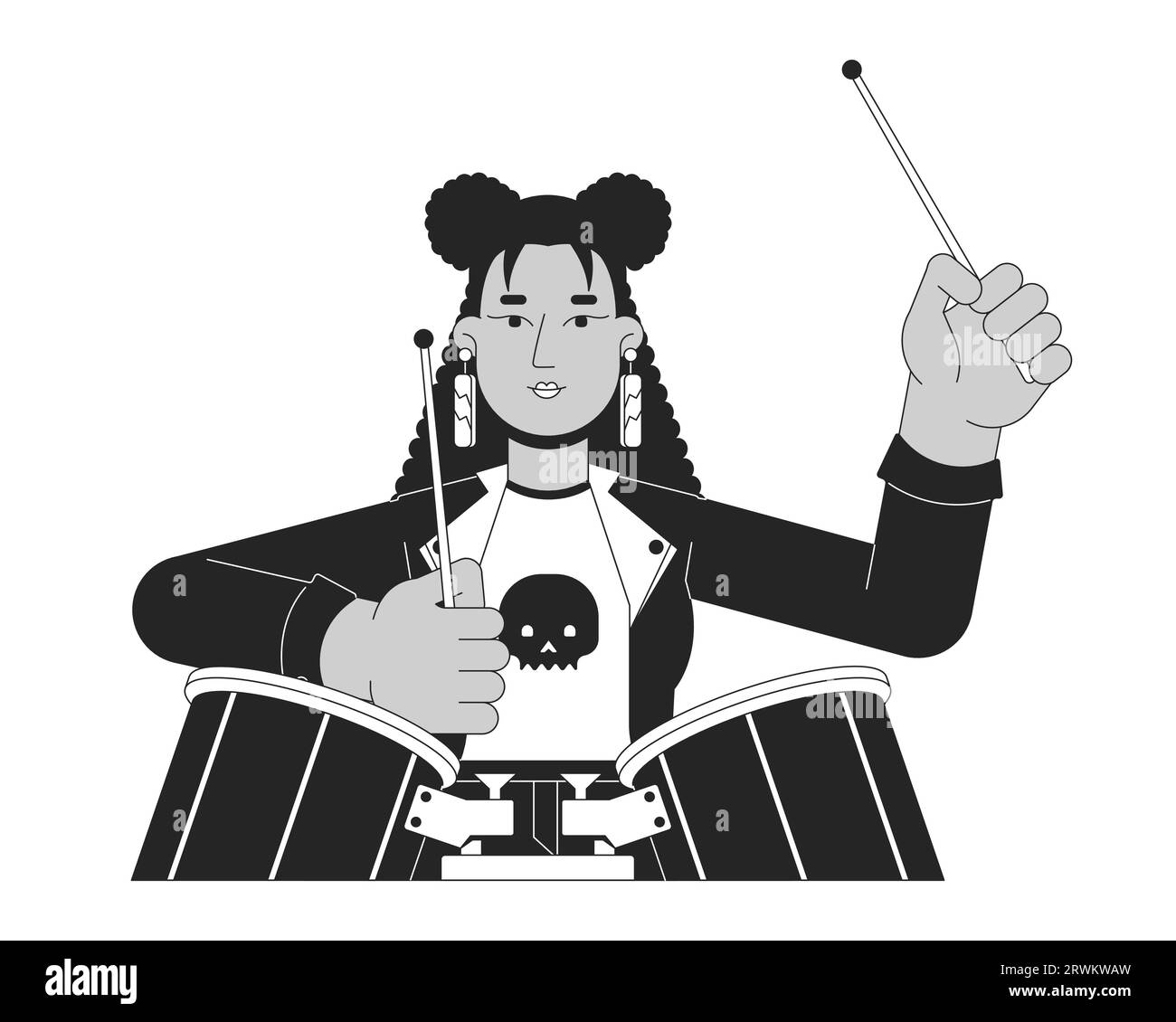 African american female musician playing drums black and white 2D line