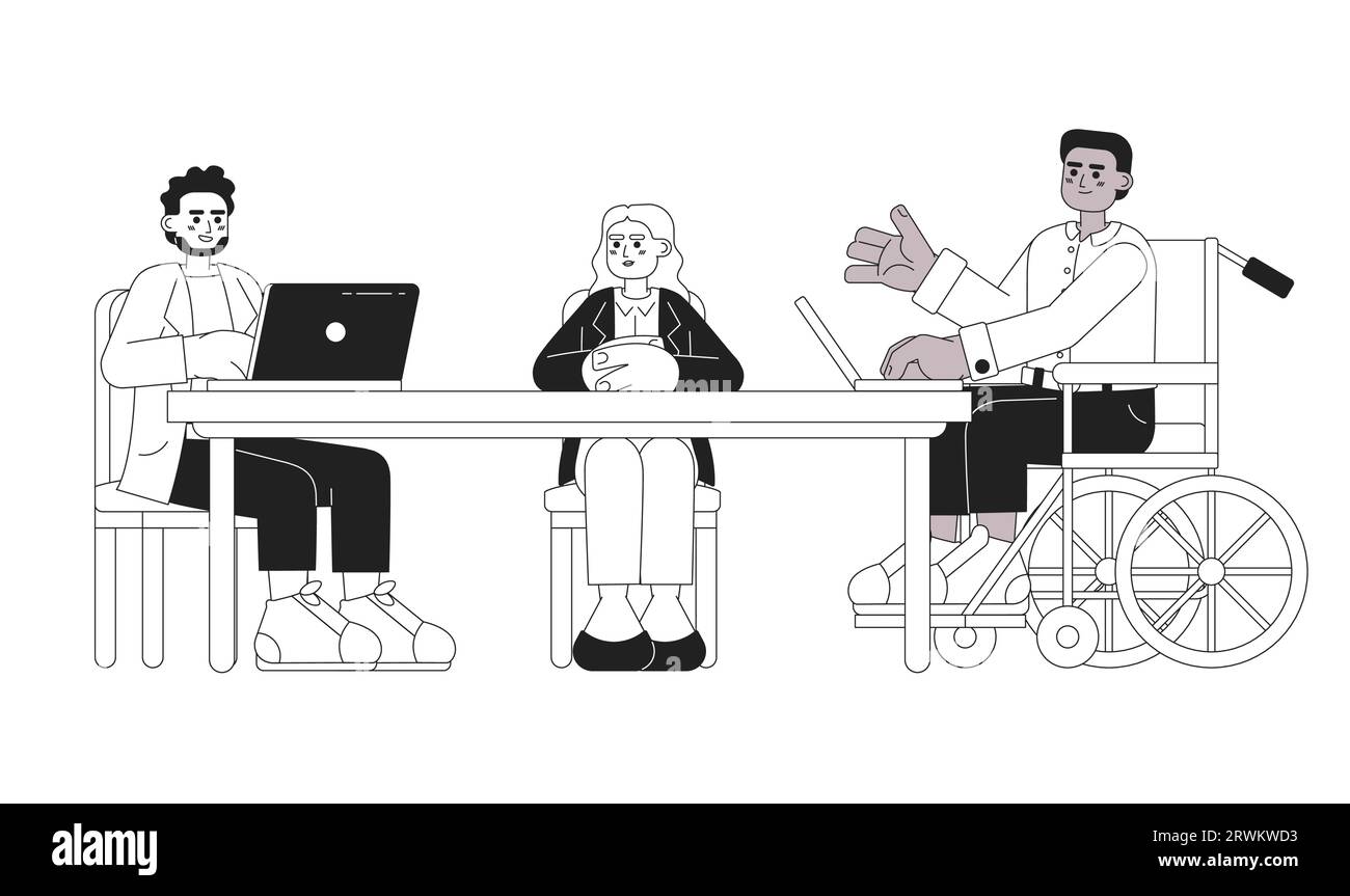 Boardroom meeting multicultural black and white cartoon flat