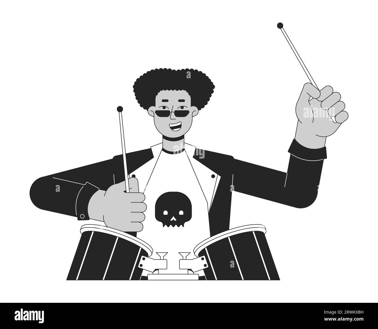 Sunglasses drummer artist holding drumsticks black and white 2D line