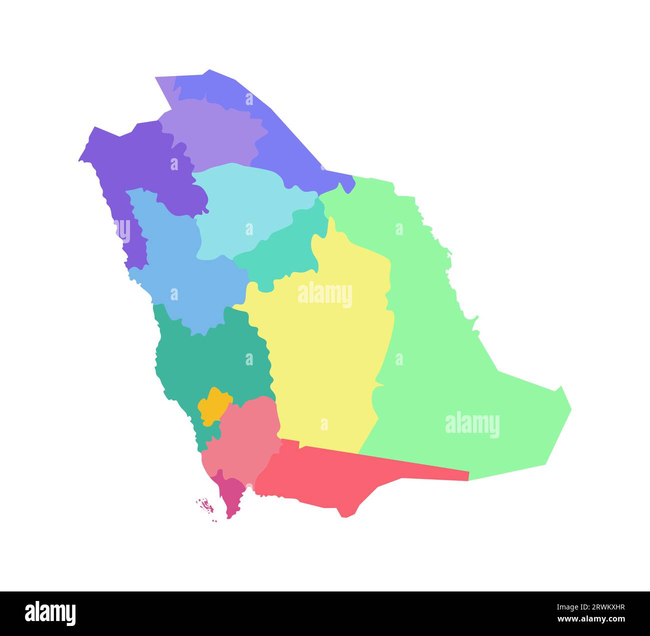 Vector isolated illustration of simplified administrative map of Saudi Arabia. Borders of the regions. Multi colored silhouettes. Stock Vector