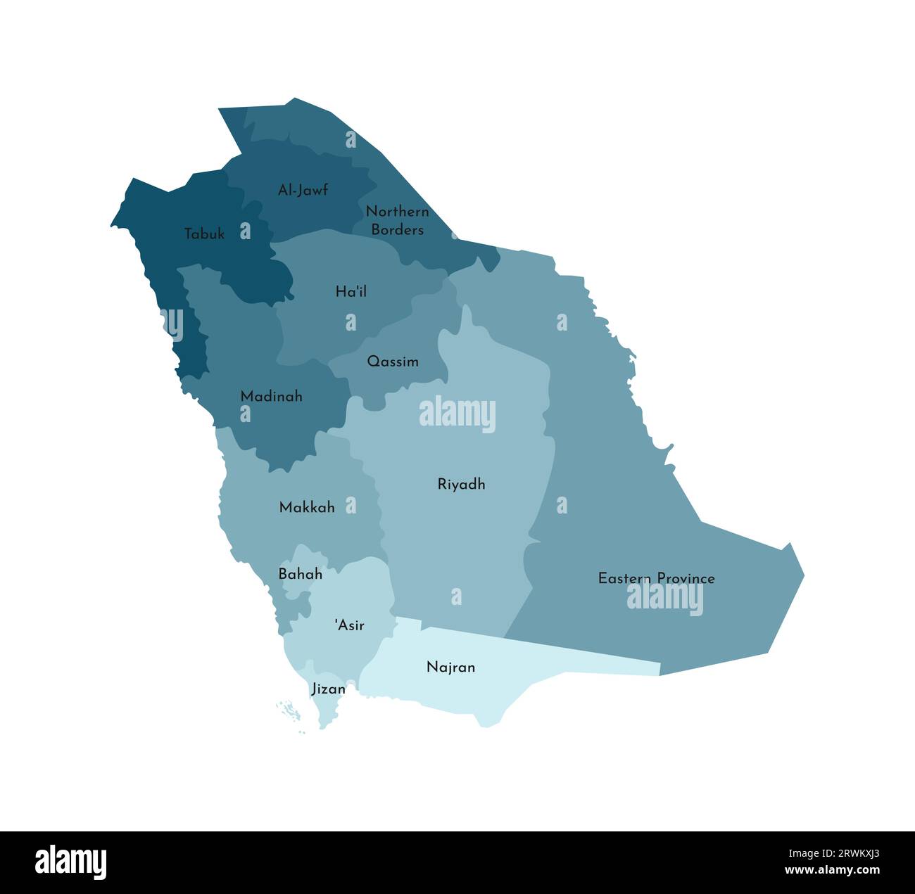 Vector isolated illustration of simplified administrative map of Saudi Arabia. Borders and names of the regions. Colorful blue khaki silhouettes. Stock Vector