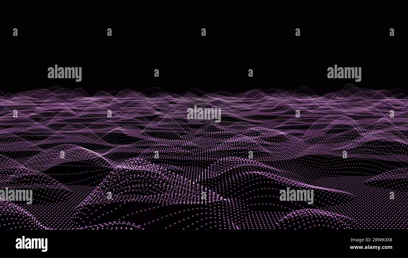 Retro Futuristic running Landscape on black background. Mountains landscape in retro style. Psychedelic flythrough. Abstract 3d Technology Mountains L Stock Photo