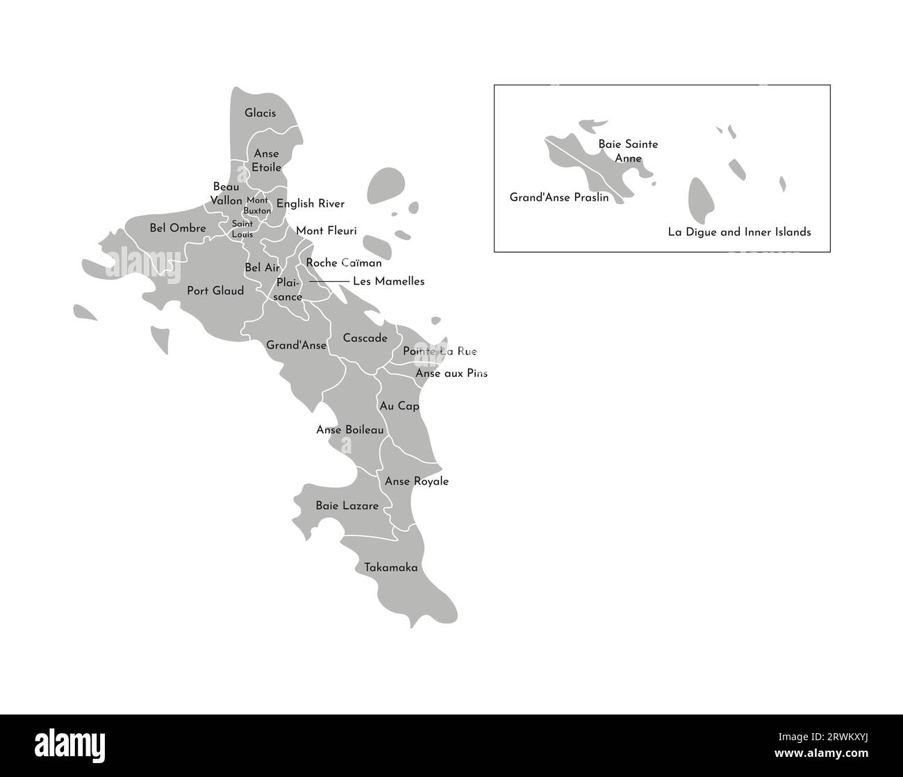 Vector isolated illustration of simplified administrative map of Seychelles (include only big islands Mahé, Praslin, La Digue). Borders and names of t Stock Vector