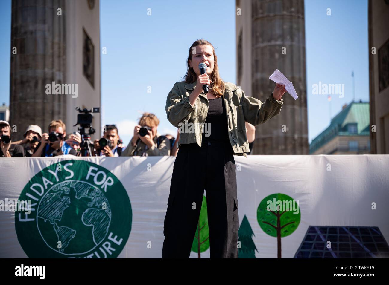 15.09.2023, Berlin, Germany, Europe - German climate protection activist Luisa Neubauer during her speech on stage in front of the Brandenburg Gate. Stock Photo