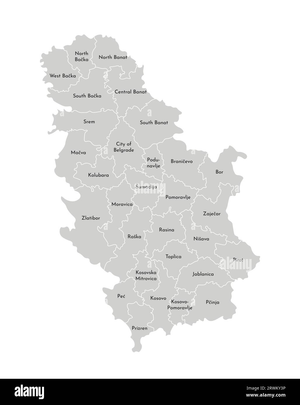 Vector isolated illustration of simplified administrative map of Serbia. Borders and names of the districts (regions). Grey silhouettes. White outline Stock Vector