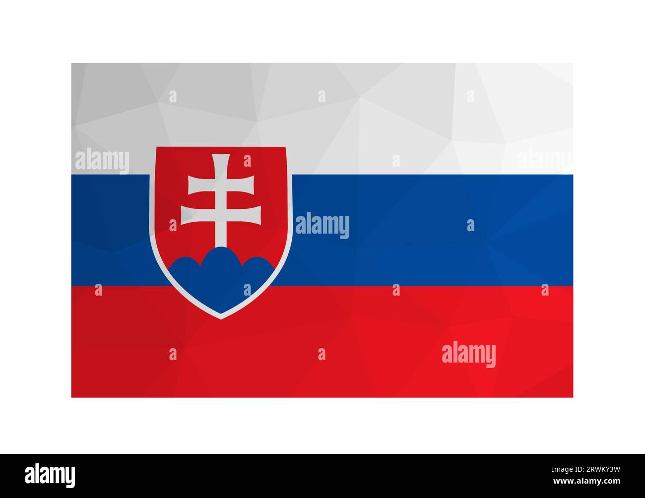 Vector isolated illustration. National Slovak flag with bands of white, blue, red and arms. Official symbol of Slovakia. Creative design in low poly s Stock Vector