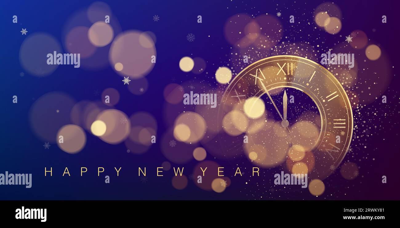 New Year countdown clock on glittering midnight sky with blur and bokeh. Purple and dark blue