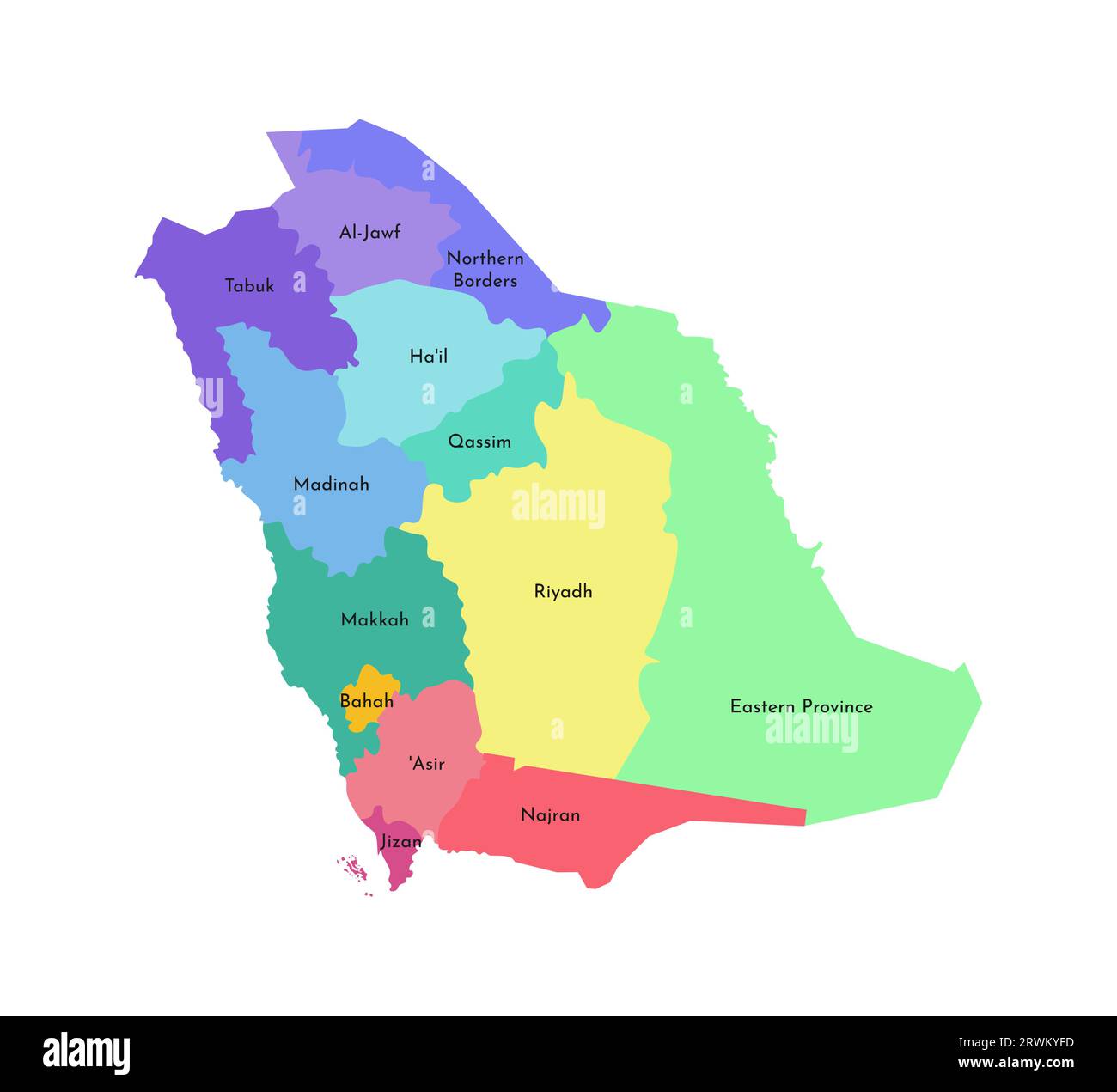 Vector isolated illustration of simplified administrative map of Saudi Arabia. Borders and names of the regions. Multi colored silhouettes. Stock Vector