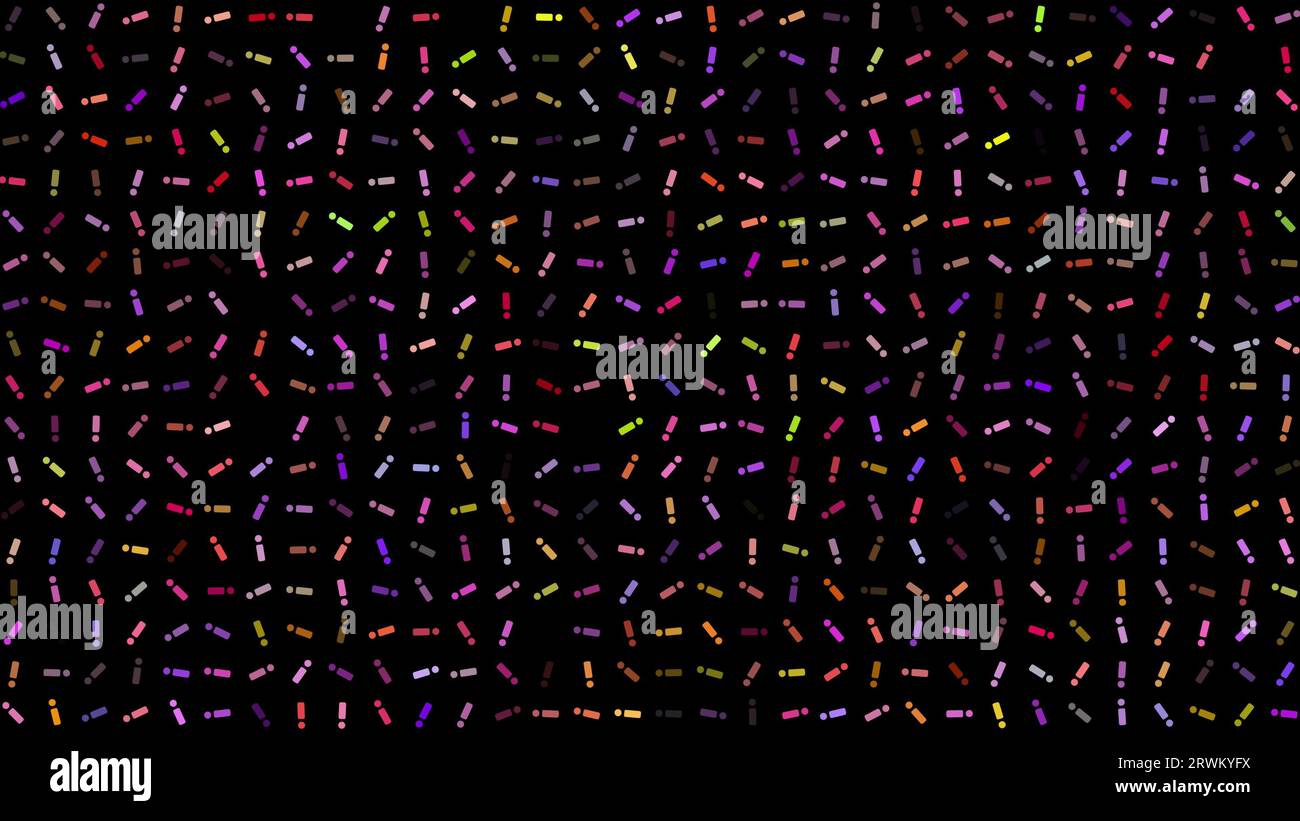 Colored flashing rotating exclamation points on black bg. Abstract