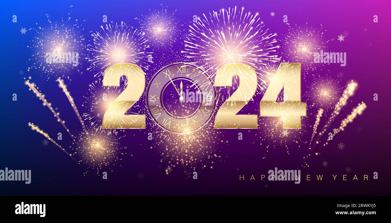 2024 New Year countdown. Holiday banner with fireworks and snowflakes. Gold numbers and holiday clock. Explosion of fireworks on new years eve. Vector Stock Vector