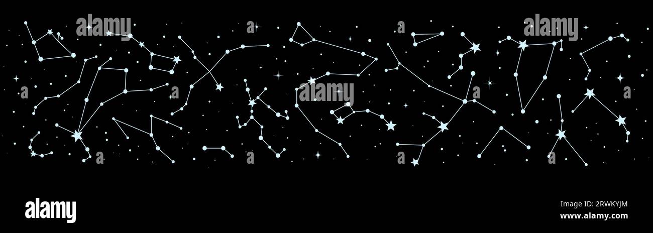Stars constellation border or night sky map, mystic astrology, astronomy and esoteric vector background. Stars constellation in space galaxy, zodiac signs in sky for tarot or astrological horoscope Stock Vector