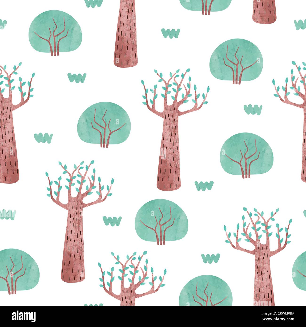 Seamless forest pattern with cartoon trees and bushes. Vector ...