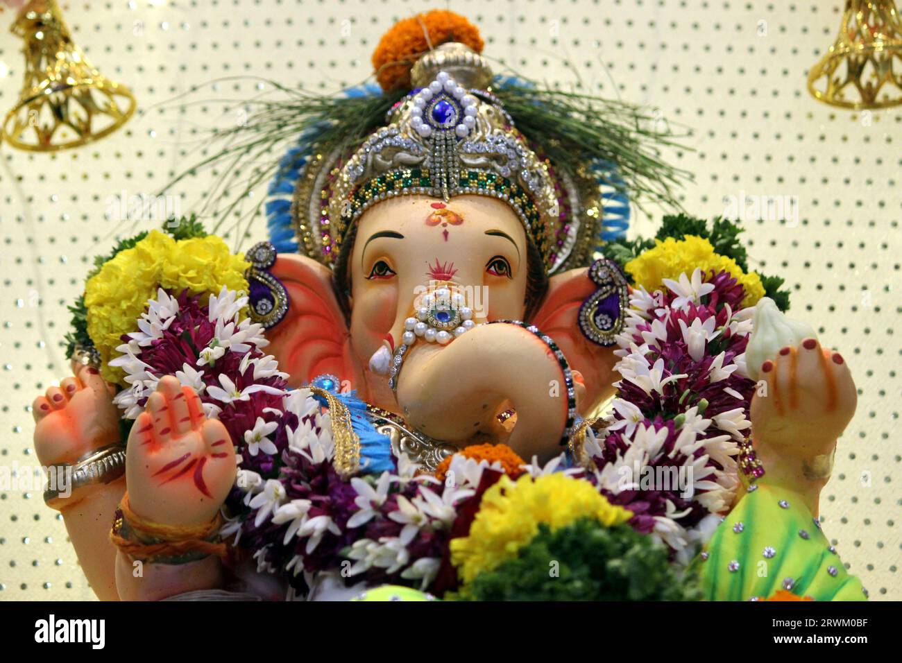 Ganpati idol on the occasion of Ganesh Chaturthi. The face of lord ganesha on the ganpati festival. Stock Photo