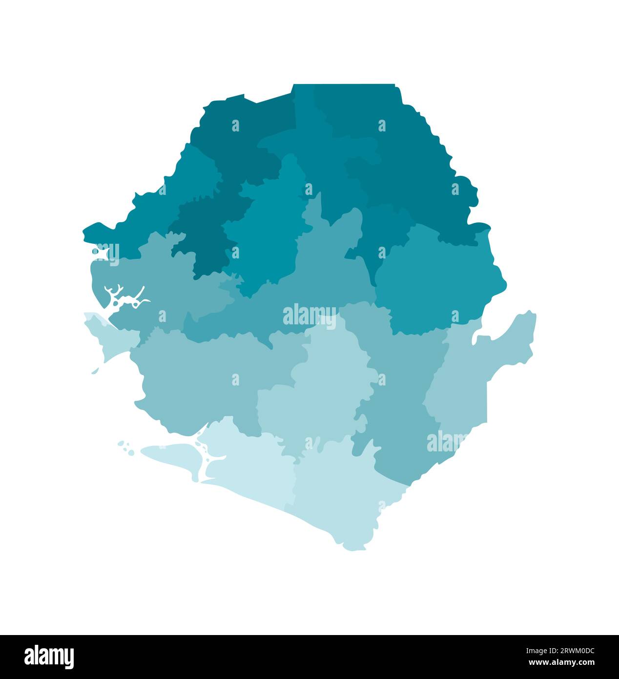 Vector isolated illustration of simplified administrative map of Sierra Leone. Borders of the districts (regions). Colorful blue khaki silhouettes. Stock Vector
