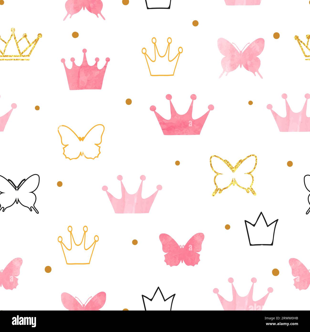 Little princess pattern with pink crowns and butterflies. Seamless vector illustration. Stock Vector