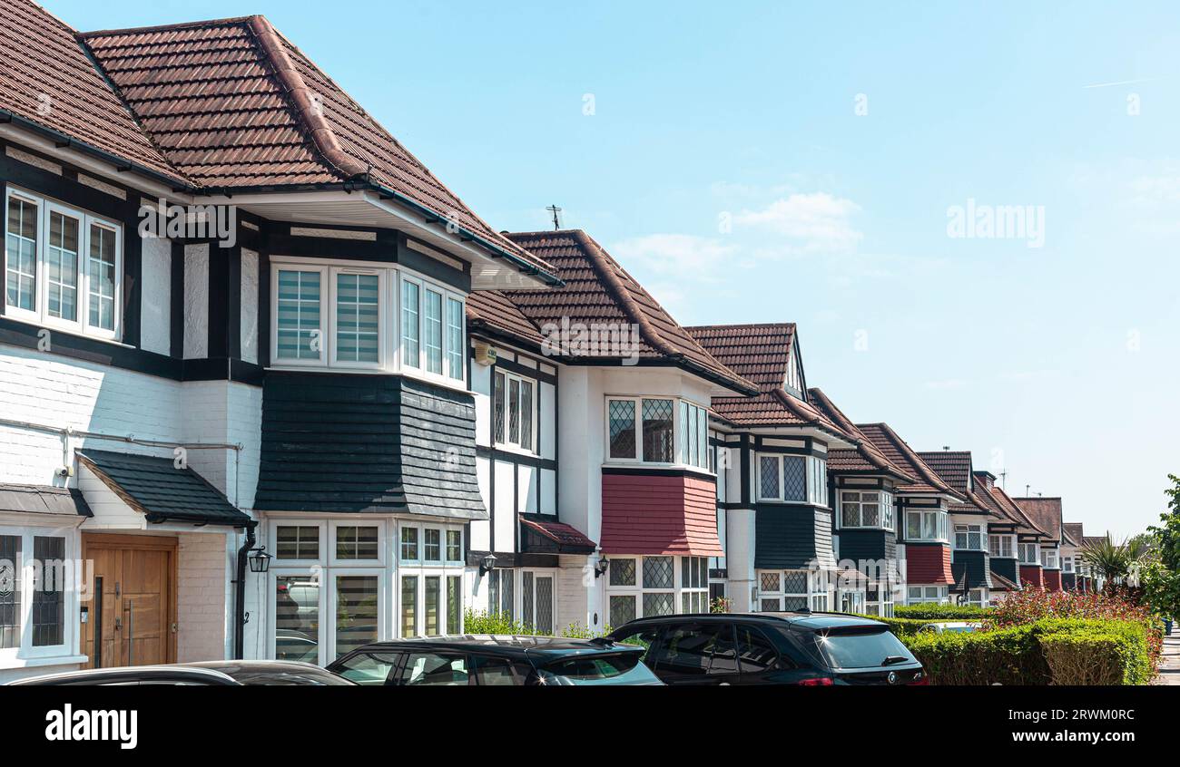 Row of semi detached houses, Hillcrest Ave., Edgware, Greater London, England, UK. Stock Photo