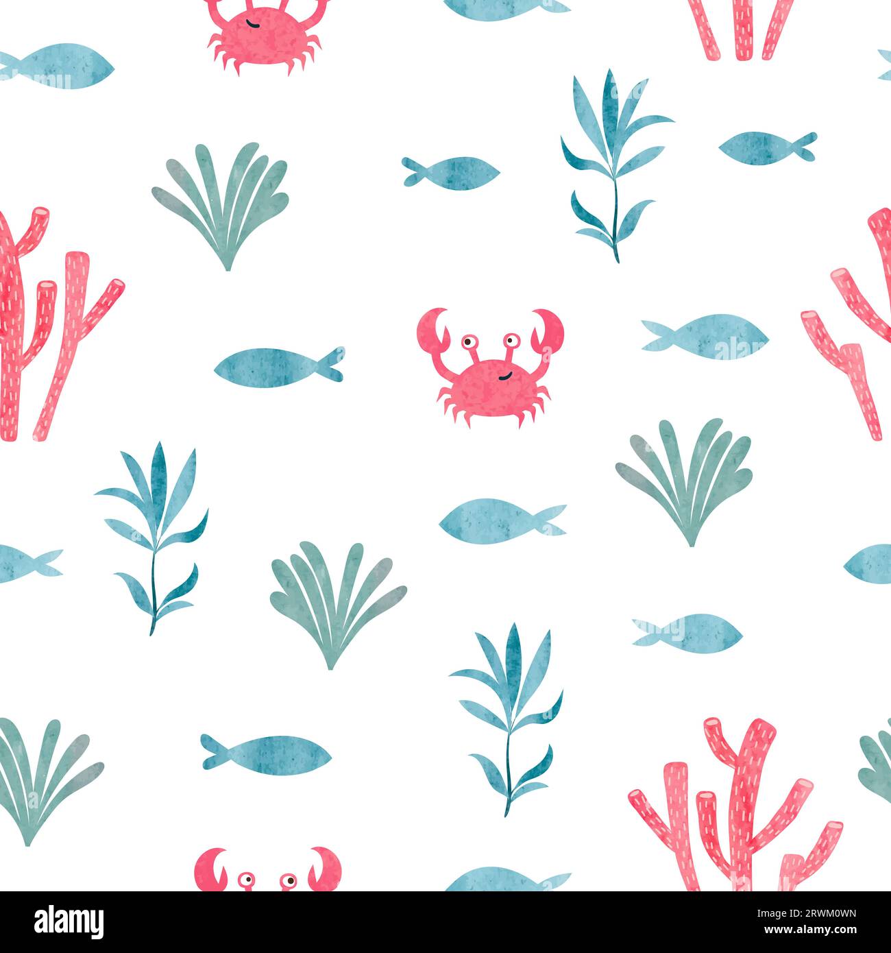 Seamless sea pattern with cute crabs, fish and seaweeds. Vector ...