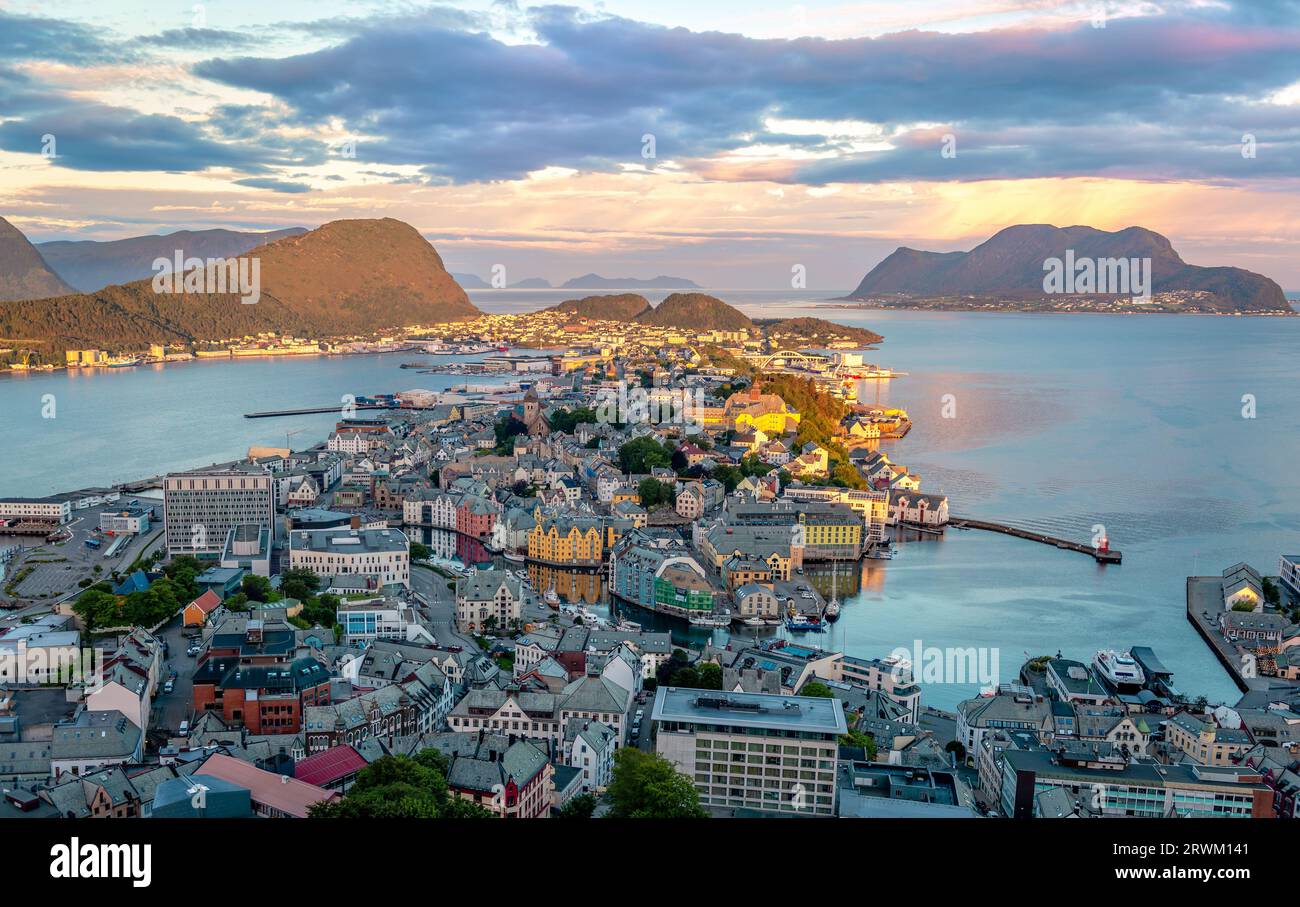 Alesund panorama at the crack of dawn. Photo taken from Aksla viewpoint. In Møre og Romsdal county, Norway Stock Photo