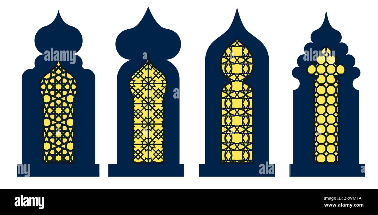 Collection of arabian oriental windows, arches and doors. Laser cut grill. Modern design in black fo frames Mosque dome and lanterns Islamic ramadan Stock Vector