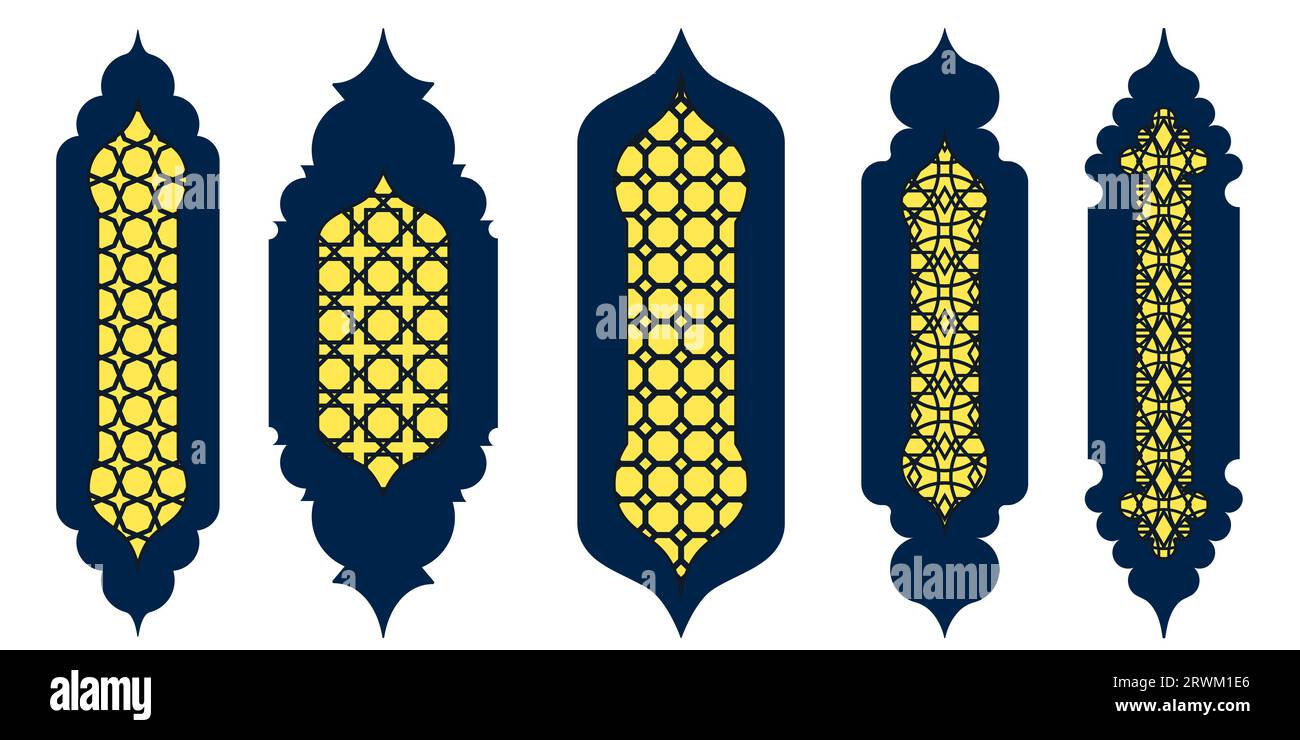 Collection of arabian oriental windows. Laser cut grill. Modern design in black fo frames Mosque dome and lanterns Islamic ramadan kareem and eid Stock Vector