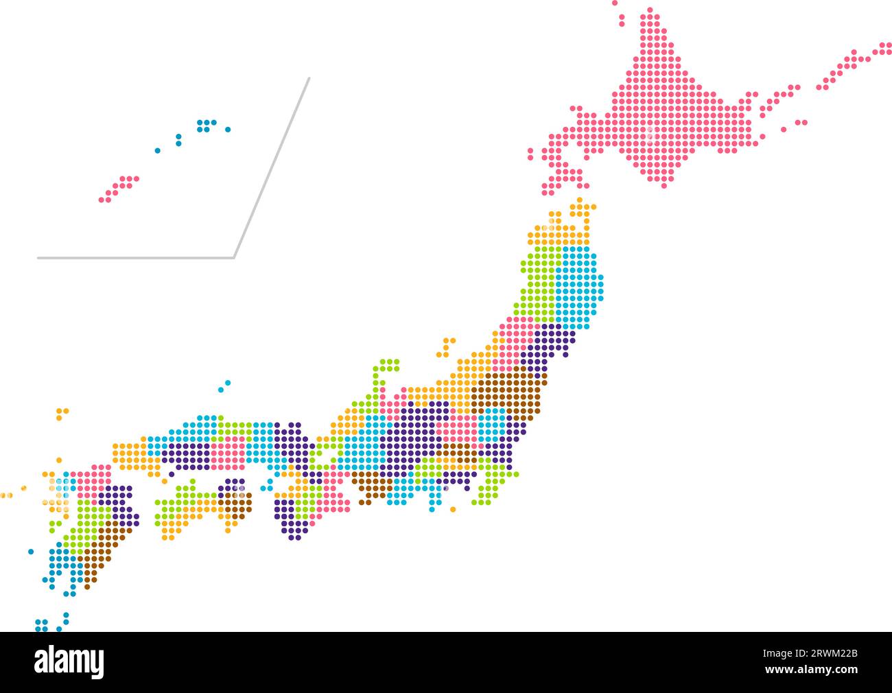 Vector illustration of Japan map (map drawn with square dots) | Colors are changed for each prefectures Stock Vector