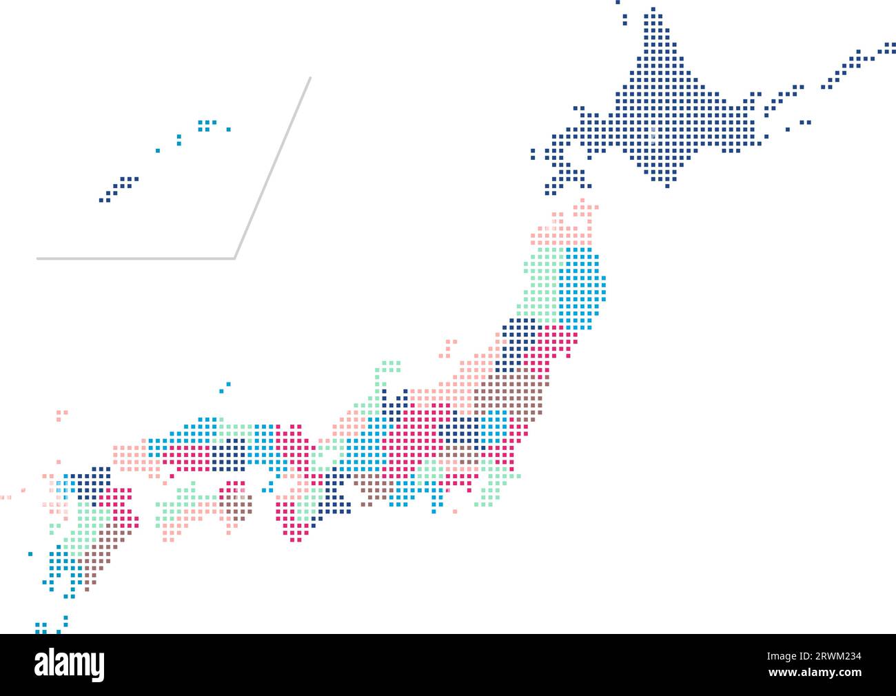 Vector illustration of a map of Japan (map drawn with circular dots) | Colors are changed for each prefecture Stock Vector