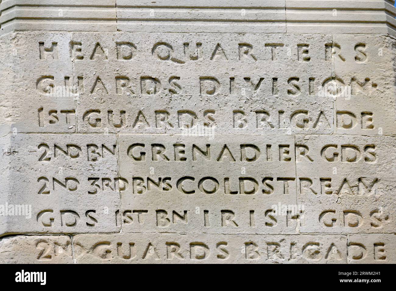 London, England, UK. The Guards Divisional Memorial (Harold Charlton Bradshaw / Gilbert Ledward; 1926) Horse Guards Parade inscription on southern fac Stock Photo
