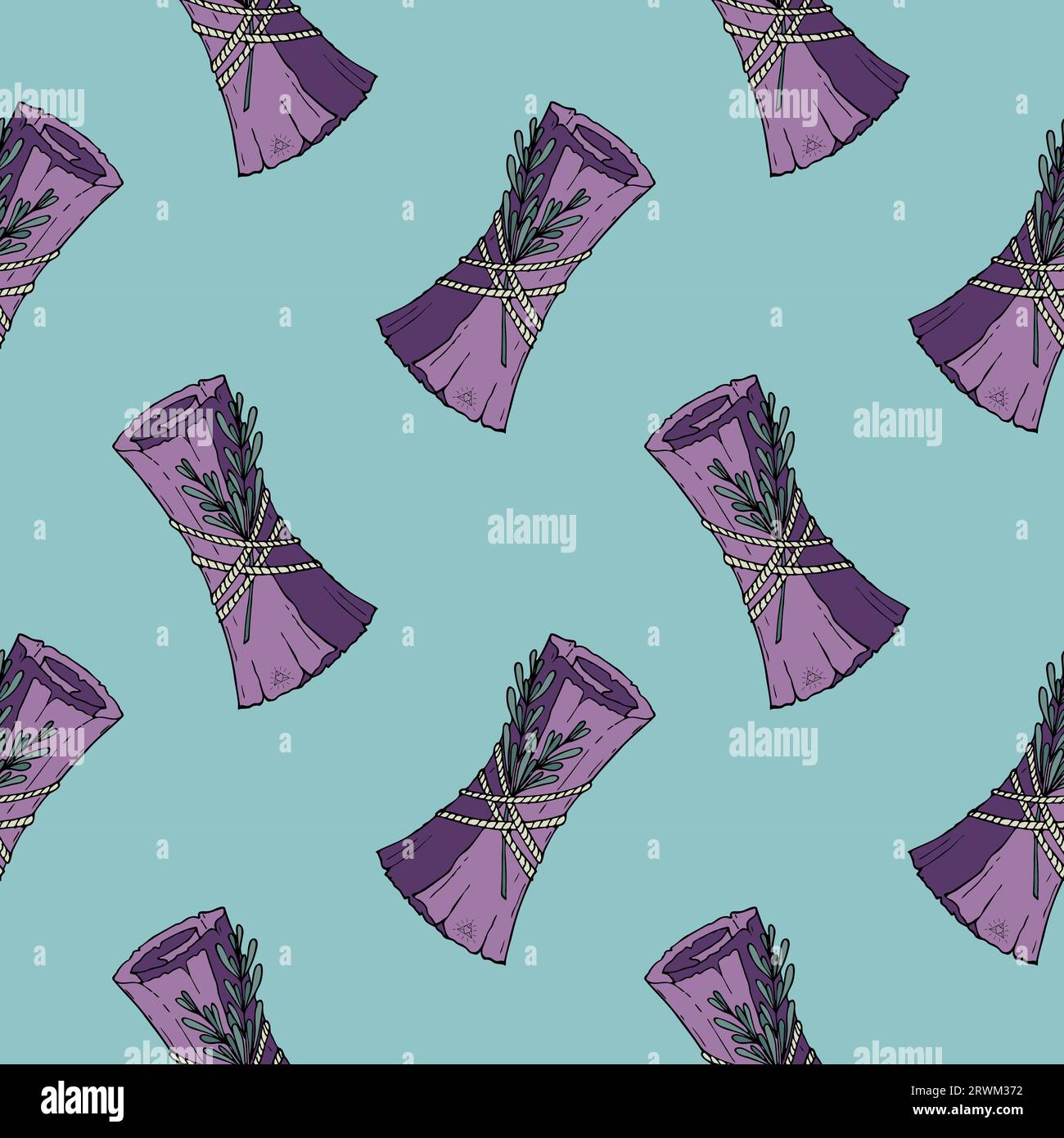 Pattern Magic scroll witchcraft hand drawn doodle, with rosemary twigs. Vector illustration Stock Vector